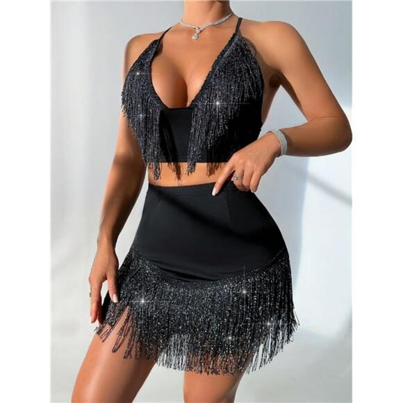 SXY Fringed Sleeveless Tassel Top And Bodycon Skirt Two-Piece Set - Picture 4 of 5